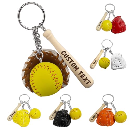 KBPTM Custom Softball Keychain with Name Personalized Wooden Softballs Keyring