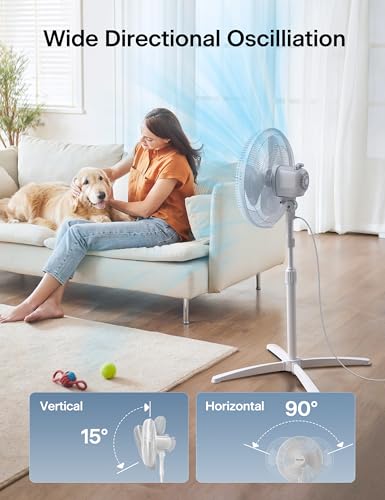 Image of PELONIS 16 inch Pedestal Fan for Bedroom, Oscillating Fan, 3-Speeds, 90 Oscillation, Adjustable Height, Floor Fan, Standing Fan for Living Room, Kitchen, and Home office, White