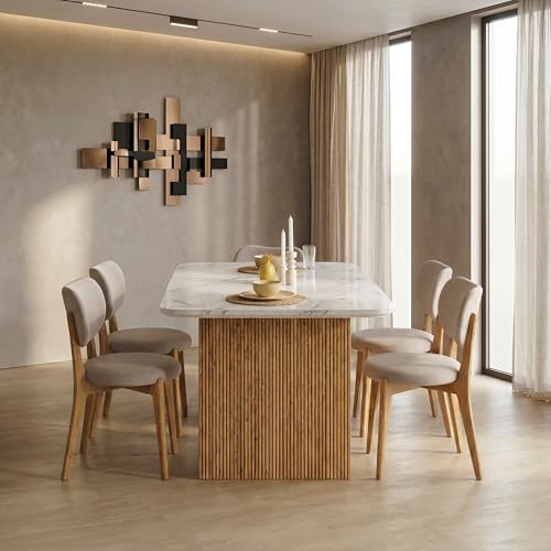 Image of 6 Seater Modern Acacia Wood Dining Table Set with White Marble Top & Upholstered Chairs | Rectangular Solid Wood Dining Table 69x39 Inches | Contemporary Dining Furniture for Home from Jodhpur