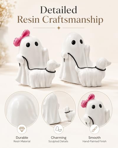 Halloween Ghost Walking Dog Figurines, Resin Statues with Pink Bow, Cute Spooky Tabletop Decor for Shelf, Mantel, Tiered Tray, Entryway, Home Decorations Gift for Dog Lovers (Ghost Walking Dog) - image 7