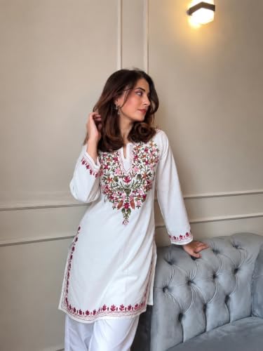 Image of GoSriKi Short Kurti for Women Viscose Embroidered | Kurti for Woman Regular Fit | Round Neck V Slit Full Sleeve Stylish Ladies Top Ethnic Wear Womens Clothing Trendy Kurta Tops