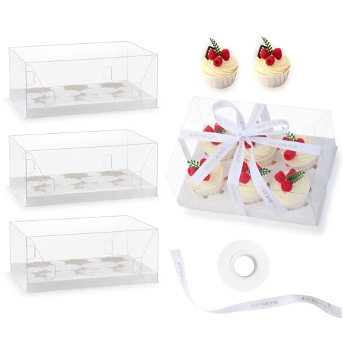 Tcards 20 Packs Clear Cupcake Boxes 6 Count plastic Cupcake Carrier with Gift Ribbon Cup Cake Holder Containers for Treat Dessert Cookies Muffins Packaging for Party Baking Wedding