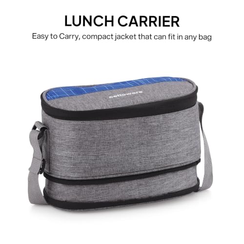 Image of CELLO MF Senator Set of 4 Stainless Steel Lunch Box with Extendable Zipper Bag, Blue | 300ml, 300ml, 500ml Containers, 750ml Oval Container with Spoon & Fork, Leakproof Airtight Tiffin Set for Office