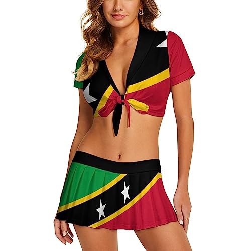 Linkasi Saint Kitts and Nevis Flag Cheerleading Set-Sports Day/Dance/Cheerleading/Gymnastics/Cosplay Miniskirt Set XL