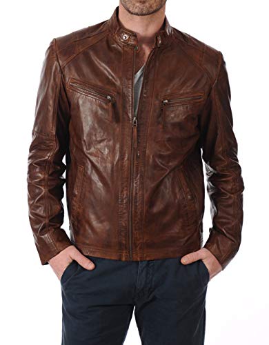 Image of 100% Leather Jacket for Men - Round Collar Slim Fit - Moto, Bomber, Biker Winter Casual Wear