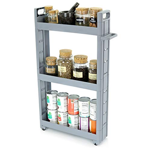 Adorn Home Essentials 3-Tier Narrow, Storage cart Pull-Out, Slide – Out Mobile Commodity Shelf, Rack Organizer Unit on Wheels | Plastic | Grey