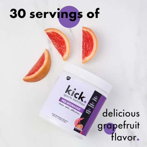Image of Kick Pre Workout Powder, Grapefruit Flavor, 30 Servings, L Theanine, Amino Acids, L Glutamine, and Caffeine to Support Energy & Fitness Performance, No Sugar, No Artificial Sweeteners or Flavors