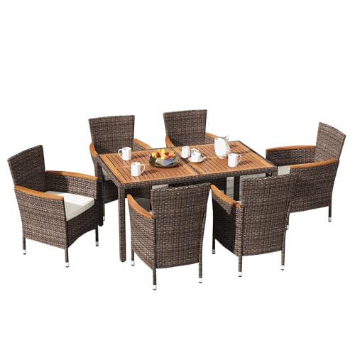 LIFEZEAL 7-teiliges Polyrattan Gartenmöbel-Set, Akazienholz Gartengarnitur mit Esstisch & 6 Rattanstühlen, Balkonmöbel Set mit abnehmbaren Kissen, Essgruppe für Garten, Balkon, Terasse