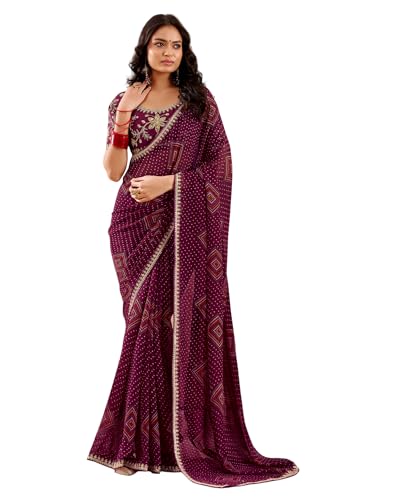 Image of SIRIL Women's Georgette Bandhani Printed, Embroidery Lace Saree With Unstitched Blouse Piece
