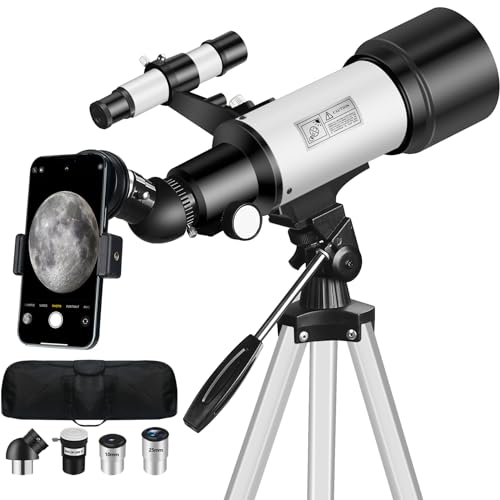 Mijiao Telescopio Astronómico Adultos, 70/400mm Telescopio Refractor para Niños y Principiantes, Profesional Telescopios Astronomía para Observación Luna con Trípode, Adaptador de Teléfono (Blanco)