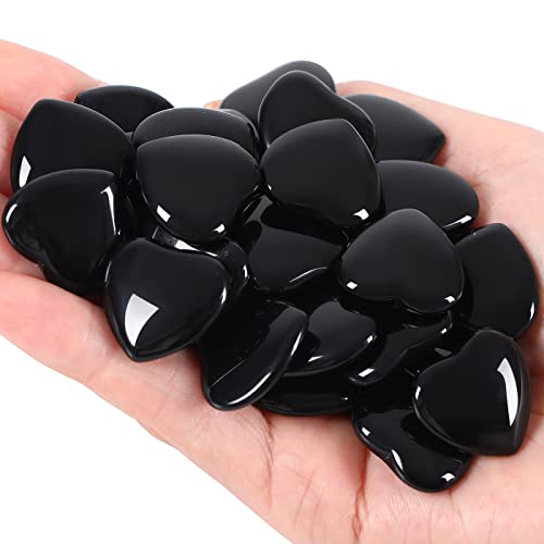 Image of QINJIEJIE 20 PCS Natural Heart Healing Crystals Black Obsidian Polished Stones Pocket Crystal Palm Mini Cute Love Gemstones Set Bulk Wholesale Reiki Energy Balancing Meditation Valentine's Day Gift