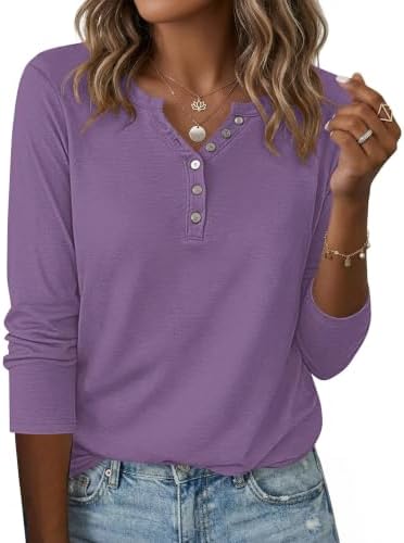 WNEEDU Langarmshirt Damen Henley Shirt Lässig T-Shirt V-Ausschnitt Bluse | Pullover mit Knöpfe,Langarm Tshirt,Basic Oberteile,Elegant Blusenshirt,Casual Top,Leicht Longshirt