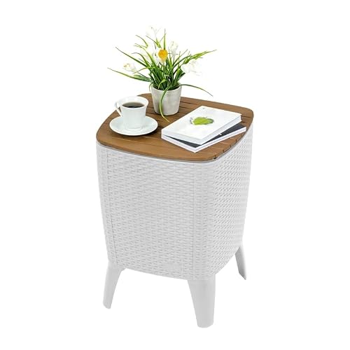 Inval 492-CAR Capri Outdoor Side Table with Beverage Cooler, White/Teak Brown - Thumbnail 4