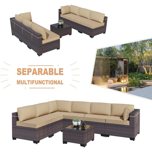 Kullavik Patio Furniture 7 Pieces Outdoor Sectional PE Rattan Sofa Set Brown Manual Wicker Patio Conversation Set with 6 Sand Seat Cushions and 1 Tempered Glass Tea Table