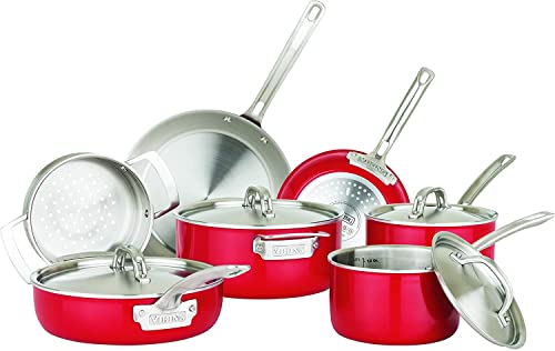 Viking Multi-Ply Color 2-Ply 11pc Cookware Set with Stainless Steel Lids, Red