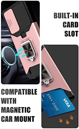 Jusy Wallet Case for Samsung S22 Ultra & 2 Screen Protectors, with Sliding Camera Cover, Card Holder Slot and Magnetic Kickstand Ring, Heavy Duty Case Military Grade Cover (Rose Gold)