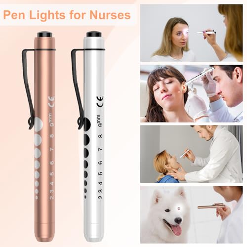 RISEMART Pen Lights for Nurses, 2Pack Reusable Medical Pen Light with Pupil Gauge and Ruler, White Light LED Penlight for Nurse Student Doctors EMT (Gold/White)