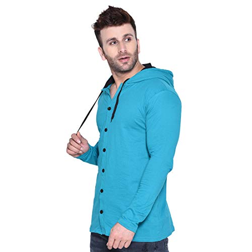 Image of Geum Men's Full Sleeve Hooded T-Shirt with Button-Down Front | Casual Slim Fit Cotton Shirt-Style Tee