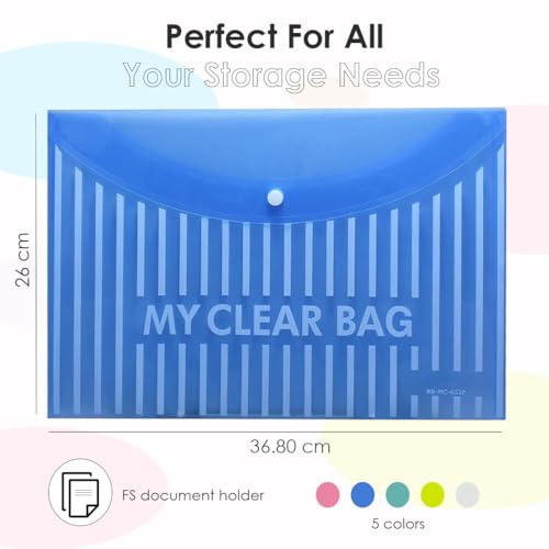 Image of Shuban Document File Folders with Snap Button Closure, Waterproof Plastic Envelope Pouches for Letter /A4 Size Paper, Assorted Transparent Colors (Style-1- Lining Print Folder-5Pcs-Mix Color)