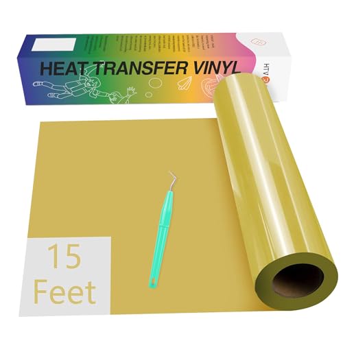 Image of HTVRONT HTV Vinyl Rolls Heat Transfer Vinyl - 12 inch x 15ft Gold HTV Vinyl for Shirts, Iron on Vinyl for All Cutting Machines - Easy to Cut & Weed for DIY Heat Vinyl Design (Gold)