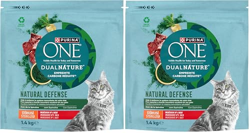 PURINA ONE DualNature Natural Defense Croquettes au Bœuf pour Chats Adultes Stérilisés | Sac de 1,4kg (Lot de 2)