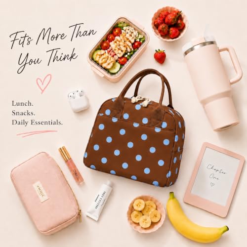 Image of LOVELYWIND Brown Blue Polka Dot Lunch Box For Women, Insulated Lunch Bag | Brown Lunch Bag With Blue Polka Dots; Cute Insulated Lunch Box Tote For Work, Travel, Beach, And Daily Meals.