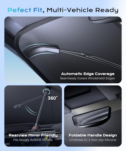 Image of [2026 Upgrade] Coverado Windshield Sun Shade, UPF80+ Sunshade for Car Windshield Blocks Heat & UV Rays, Thickened Vinyl Coating Keep Cool Protect Interior, M 57 inchx32 inch for Sedans /SUVs