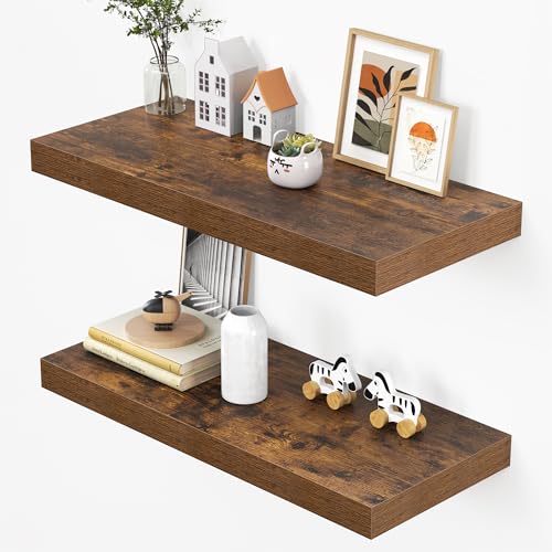 Image of Dreamland 32 inch Floating Shelves for Wall, 12 inch Deep Thicker Floating Shelves, Wall-Mounted Shelves for Bedroom, Living Room, Kitchen, Bathroom,Rustic Brown - Set of 2