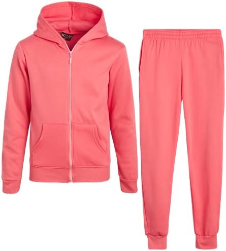 Real Love Girls' Jogger Set - 2 Piece Basic Fleece Solid Full Zip Hoodie and Sweatpants (Size: 7-16), Size 10-12, Coral