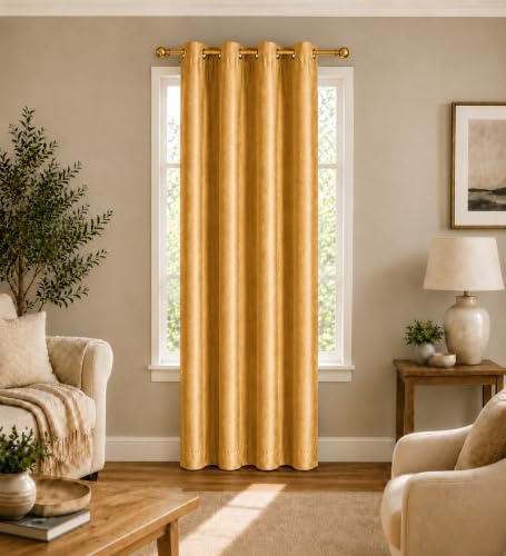 Image of Polyester Eyelet Door Curtain, Solid Plain Light Filtering Curtain for Bedroom, Living Room & Home Office, 7 Feet (84 x 48 Inch), Gold, Pack of 1