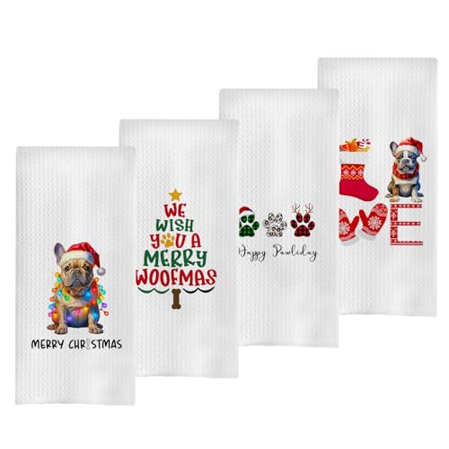 Geqtt Juego de toallas de cocina con diseño de bulldog francés, regalos de Navidad con diseño de bulldog francés, toallas de cocina decorativas de gofre, paños de cocina de mano de bulldog francés (16