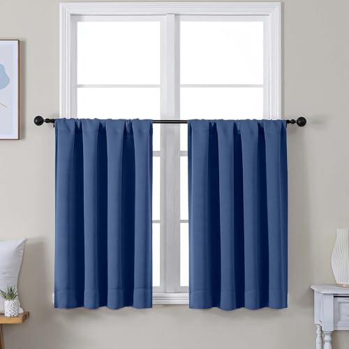 Image of Simplebrand Ava Royal Blue Short 36 Inches Blackout Curtain 2 Panels Set, Half Window Rod Pocket Privacy Curtain Tiers for Kitchen, Curtains Blackout for Bathroom Shades, W40 x L36 Inch, Royal Blue