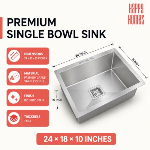 Image of HAPPY HOMES HAPPY HOMES 24x18x10 Inch Kitchen Sink 100% Stamped 304 Grade Stainless Steel with Nanocoated Undercoating, Sound Dampening |Square Coupling and Metal Fruit Basket | 25 Years Warranty