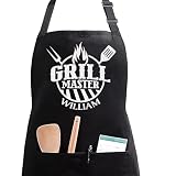 Mens BBQ and Grilling Apron, Custom Fathers Day Grill Master Apron, Personalized Black Chef Kitchen Apron for Dad or Grandpa, Grill Lover Gifts,Christmas or Fathers Day Gift, Delantales de cocina