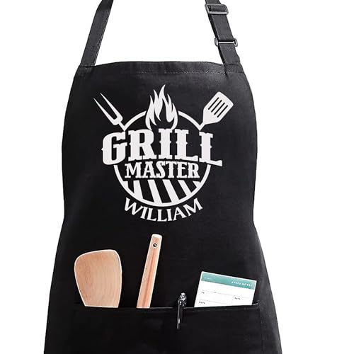 Mens BBQ and Grilling Apron, Custom Fathers Day Grill Master Apron, Personalized Black Chef Kitchen Apron for Dad or Grandpa, Grill Lover Gifts,Christmas or Fathers Day Gift, Delantales de cocina