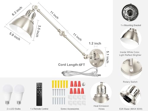 Image of 2 Pack Plug in Wall Sconces with Remote, Dimmable, Adjustable Colors, Swing Arm Wall Lamps, Wall Sconces Set of Two with Timer & Night Light, Plug-in or Hardwired (Brushed Nickel, With Bulbs+Remote)