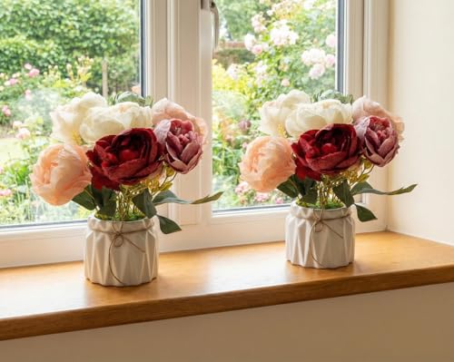 Image of Dekorly Artificial Lavender Plant in White Pot, 18cm - Realistic Faux Flower Arrangement for Home & Office Decor (Set of 1) (2, Peony)
