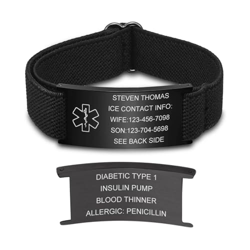 Personalized Medical Alert Bracelets for Women & Men-Elastic Strap Adjustable Medical ID Bracelet, Stainless Steel Free Engraved Medic Info Emergency Bracelet for Seizure Diabetic Allergy Autism (1)