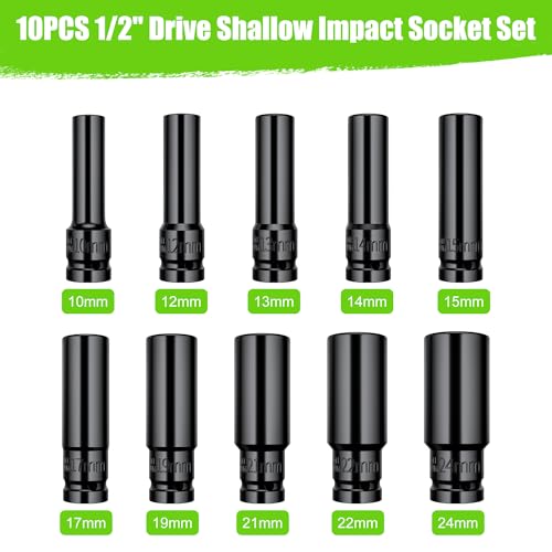 Image of 10-Piece 1 /2'' Drive Impact Socket Set Metric - 6 Point Deep Well Cr-V Sockets (10mm-24mm) with Blow-Molded Case for Pneumatic & Electric Tools
