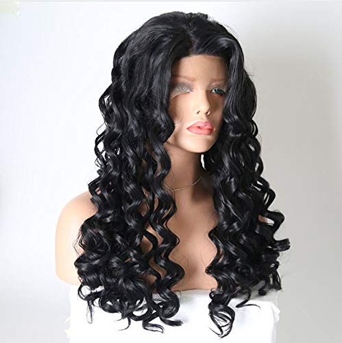 High Temperature Fiber 1B Long Deep Wave Wigs Middle Part With Natural Hairline Synthetic Lace Front Wig For Women 22inch