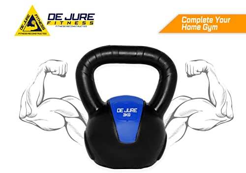 Image of De Jure Fitness PVC Kettlebell 3kg for Men & Women Strength & Cardio Training, Soft Grip, Crushed Concrete Filled, Full Body Workout Equipment for Home & Gym Blue - Black