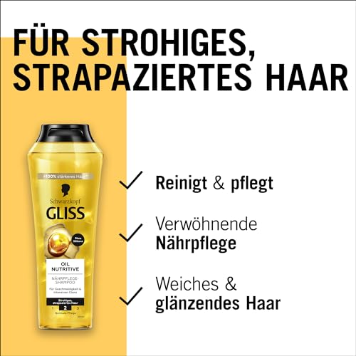 Gliss Shampoo Oil Nutritive (250 ml), Haarshampoo mit Omega 9 & Marula-Öl, Pflegeshampoo für strohiges Haar & strapaziertes Haar sorgt für Geschmeidigkeit und Glanz