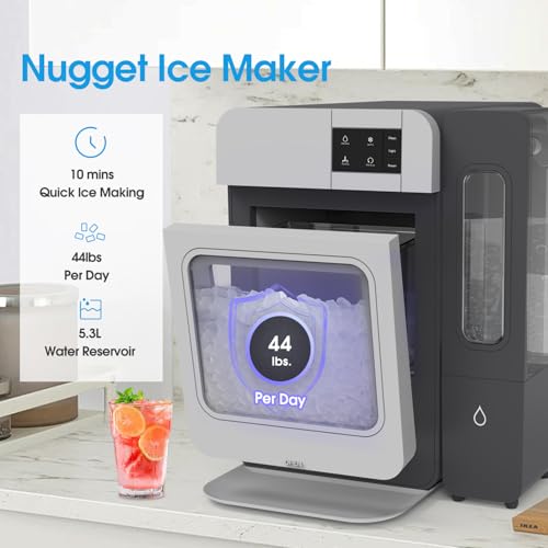 VECYS Nugget Countertop Ice Maker W/Side Tank, 33LBS Daily Ice Making Capacity, Portable Design Nugget Ice Maker Machine with Self-Clean Function, Grey
