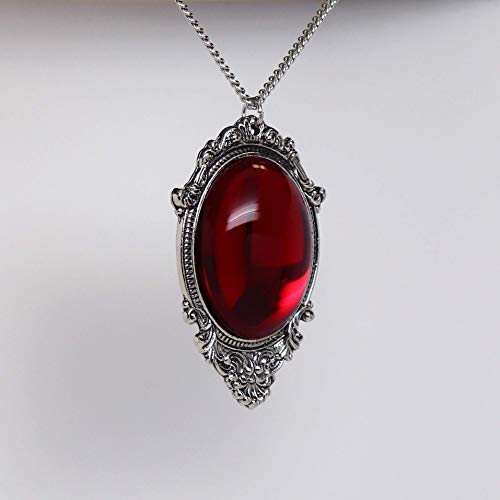 Blood Red Cabochon In Silver Finish Pewter Frame Pendant Necklace #TOP3