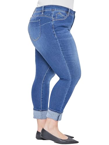 Royalty For Me Women's Plus Wannabettabutt Mid-Rise Mega Cuff Ankle Jean, Medium Blue, 24W2