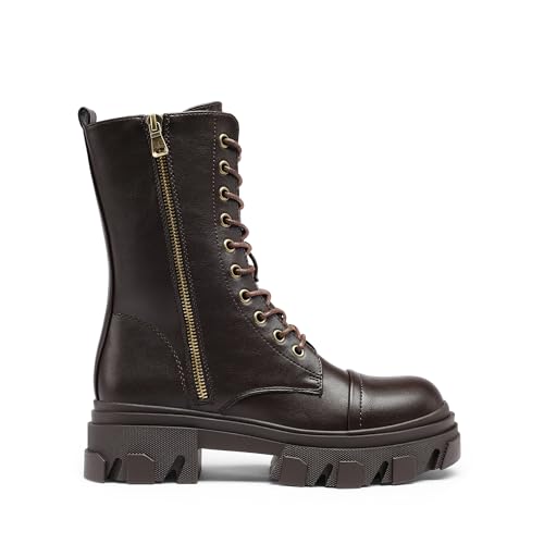 DREAM PAIRS Women's Combat Boots Lace up Mid Calf Boots Low Heel Chunky Platform Lug Sole Riding Boots,Size 8,Brown-Pu,DMB215