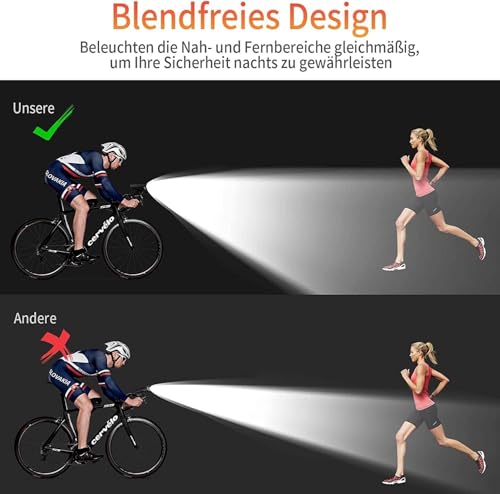 Deilin Fahrradlicht Set, bis zu 70 Lux LED Fahrradbeleuchtung USB Aufladbar Fahrradlampe, IPX5...