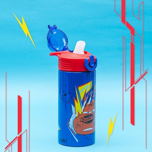 Image of Zak Designs Disney Pixar Cars Sage Kids Water Bottle For School or Travel, 14oz Stainless Steel Water Bottle With Straw, Handle, and Leak-Proof, Pop-Up Spout Cover (Lightning McQueen)