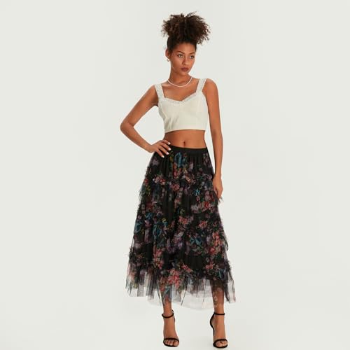 Women's Court Retro Tulle Skirts Long Tutu Fairy Tiered A Line Mesh Elastic Waist Petticoat Flowy Swing Skirts2