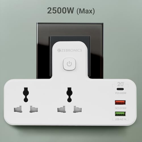 Image of ZEBRONICS Power Plug 23, Multi Plug Extension Board /Strip, 2500 Watts, 10 Amps, QC 3.0 18W, 1x Type C PD Port (20W), 2X Universal Socket, 2X USB Port, Night Lamp, LED Indicator, On /Off Switch